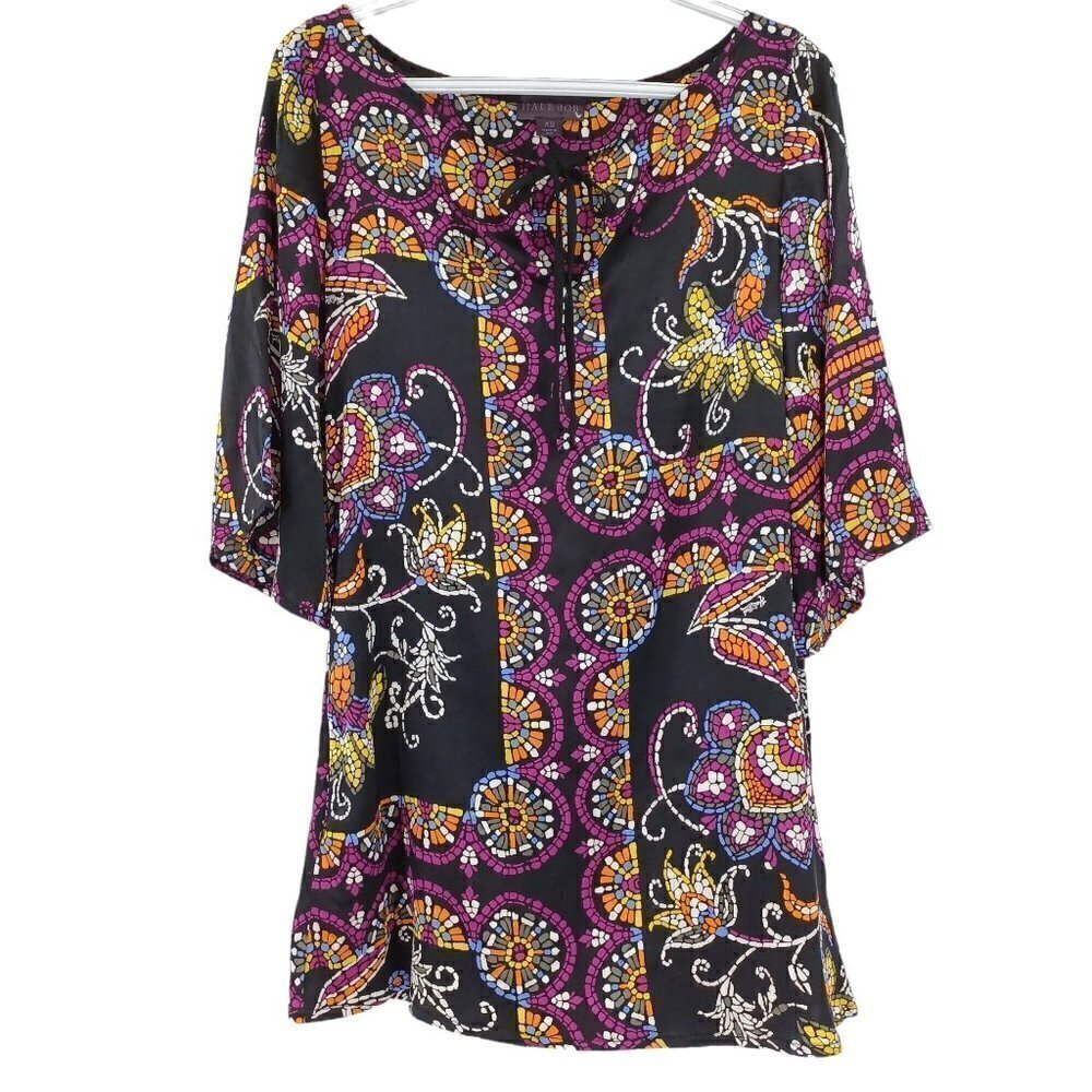 Hale Bob Black Silk Mosaic Print Tunic Top Flared Sleeve Relaxed Preppy Artsy XS